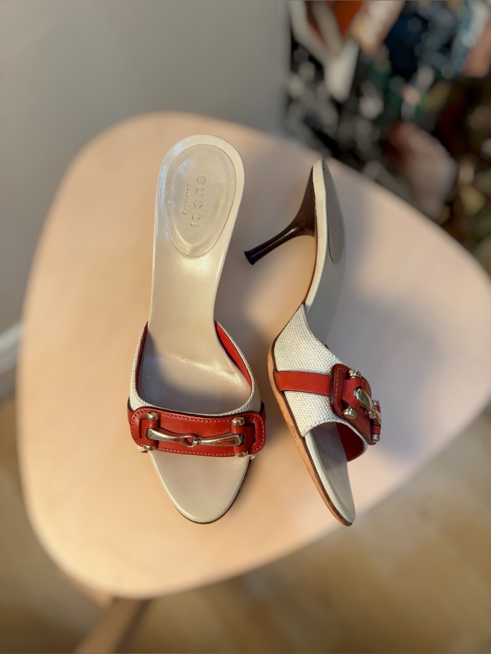 Gucci White Canvas and Red Leather Horsebit Slide Heels - Picture 1 of 7